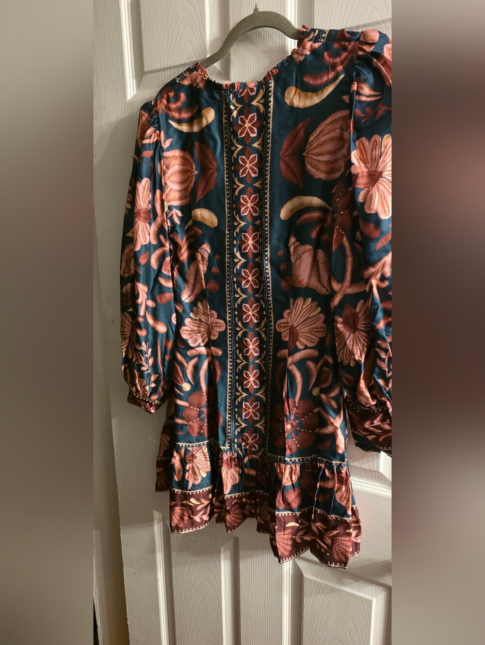 Farm Rio Shiny Flowers Long Sleeve Minidress Floral Mini Dress Blue & Pink - Picture 2 of 2
